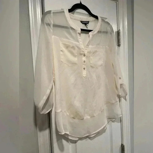 Express Sheer Ivory 3/4 Sleeve Pearl Button Collarless Popover Shirt Size XS - Picture 5 of 10